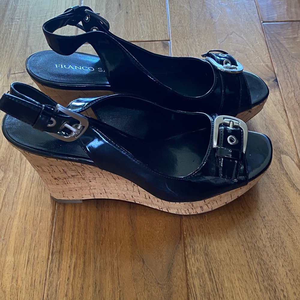 Franco Sarto Black Patent Wedges with Cork Heel Sz 7.5